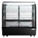 An Avantco black refrigerated countertop bakery display case with a glass top and two shelves.