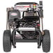 A black Simpson gas-powered pressure washer with wheels.