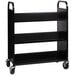 A black metal Hirsh Industries book cart with six shelves on wheels.