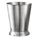A brushed stainless steel pedestal wastebasket with a metal lid.
