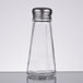 A clear glass Thunder Group salt shaker with a silver mushroom top.