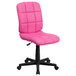 A pink office chair with black wheels.