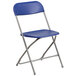 A blue Flash Furniture plastic folding chair with a metal frame.