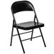 A black Flash Furniture metal folding chair with a black backrest.