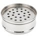 A stainless steel round container with holes.