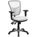 A white office chair with black arms and base.