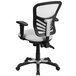 A white office chair with black mesh and arms.