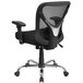 A black office chair with a black mesh seat and silver back and base.