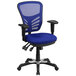 A blue office chair with black arms and base.