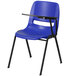 A blue Flash Furniture ergonomic shell chair with a black left handed tablet arm.