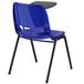 A blue Flash Furniture school desk chair with a black frame and left handed flip-up tablet arm.