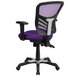 A purple office chair with black mesh back and black base.