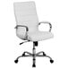 A white office chair with chrome legs and arms.