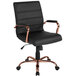 A black leather office chair with a rose gold base and arms.