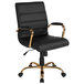 A Flash Furniture black leather mid-back office chair with gold arms and base.