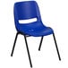 A blue plastic Flash Furniture Hercules Series shell stack chair with black legs.