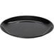 A black round GET Settlement melamine dinner plate with a rim.