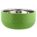 A lime green Bon Chef triple wall bowl with a stainless steel rim.