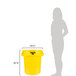 A woman standing next to a yellow Rubbermaid BRUTE trash can.