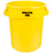 A yellow Rubbermaid Brute trash can with black text.