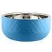 A Caribbean blue Bon Chef triple wall bowl with a stainless steel rim.