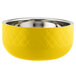 A yellow Bon Chef bowl with a diamond pattern and silver rim.