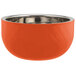 An orange bowl with a stainless steel rim.