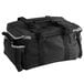 A black Vollrath food pan carrier bag with two compartments and straps.