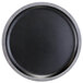 A black melamine plate with a silver rim.