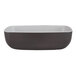 A rectangular brown and white melamine bowl with a black rim.