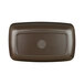 A brown rectangular melamine bowl with a white speckled interior and a logo.