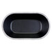 A black oval melamine bowl with a white border.