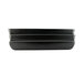 A stack of three black rectangular melamine bowls with white lines.