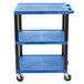 A blue Luxor utility cart with three shelves and black legs.