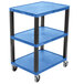 A Luxor blue plastic utility cart with three shelves and black legs on wheels.