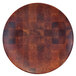 An Elite Global Solutions round wooden plate with a checkered pattern.