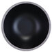 A black melamine bowl with a silver rim.