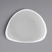 A white triangle melamine plate with a gray speckled rim.