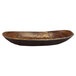 An oval wood grain melamine bowl with black and brown design.