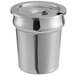 A stainless steel metal container with a notched lid.
