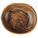 An oval wood grain melamine bowl with a swirl pattern in black and brown.