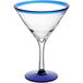 An Acopa clear martini glass with a blue rim and base.