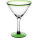 A clear martini glass with a green rim and base.