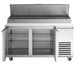 A stainless steel Beverage-Air refrigerated pizza prep table with two doors.