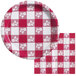 A red and white checkered Creative Converting paper tablecloth.
