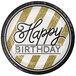 A Creative Converting paper plate with a black and gold striped "Happy Birthday" design.
