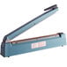 An Omcan blue plastic bag sealer with a black handle.