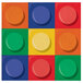 A colorful square beverage napkin with a red circle and shadow, featuring colorful lego blocks.