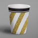A white paper cup with gold striped and black accents.