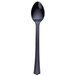 A black plastic spoon on a white background.